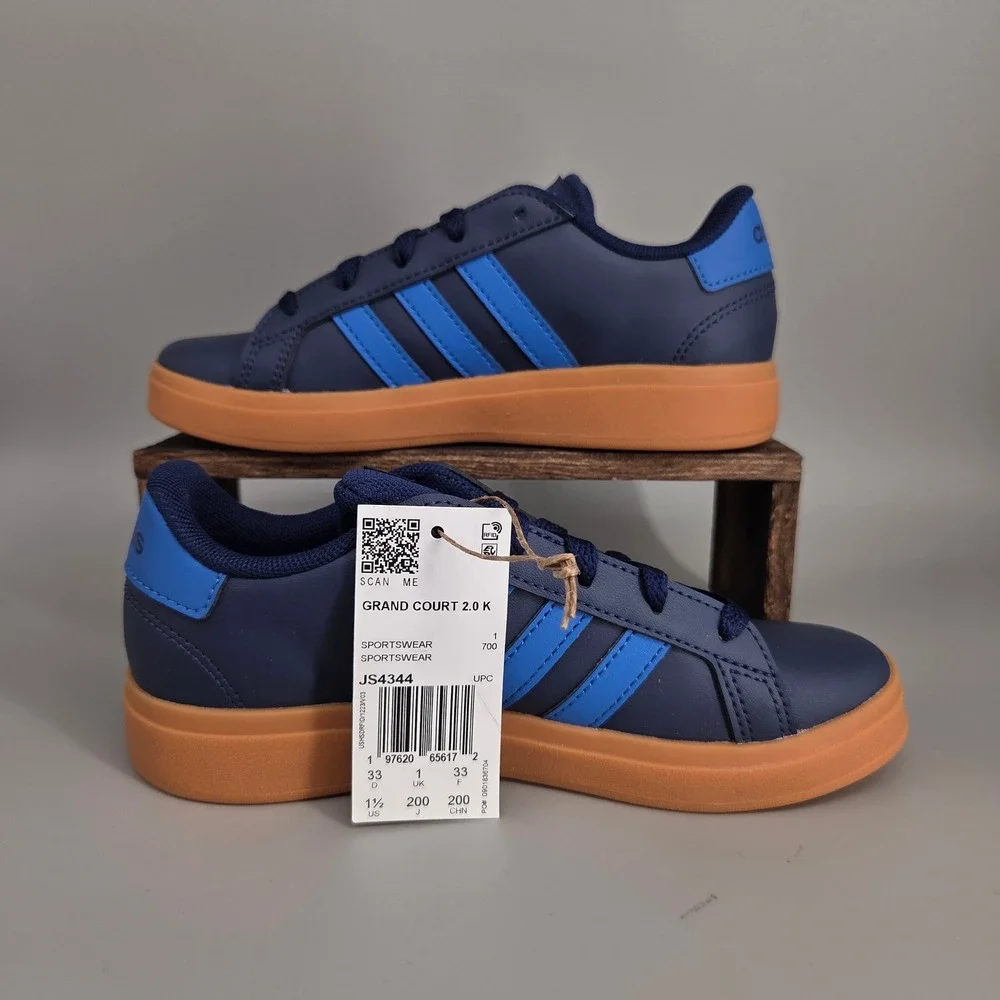 Adidas Grand Court 2.0 K Kids 1.5 Navy Blue Gum Sole Sneakers JS4344 Sporty